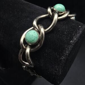 Peking Glass Bracelet Silver Tone Chain Link Vintage Teal Green Blue Jewelry